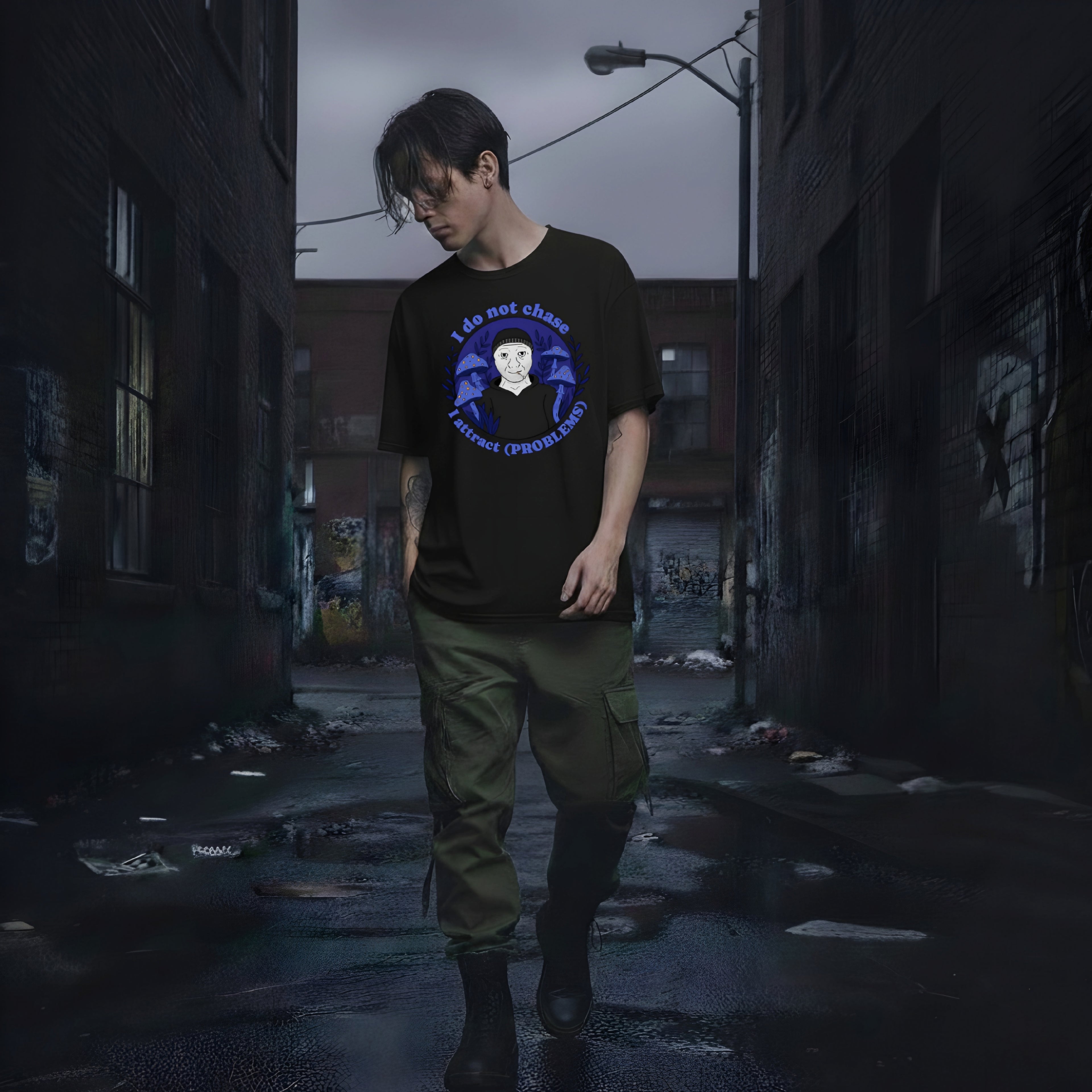 Man wearing Sufferwear "I Do Not Chase, I Attract (Problems)" black t-shirt and olive cargo pants.