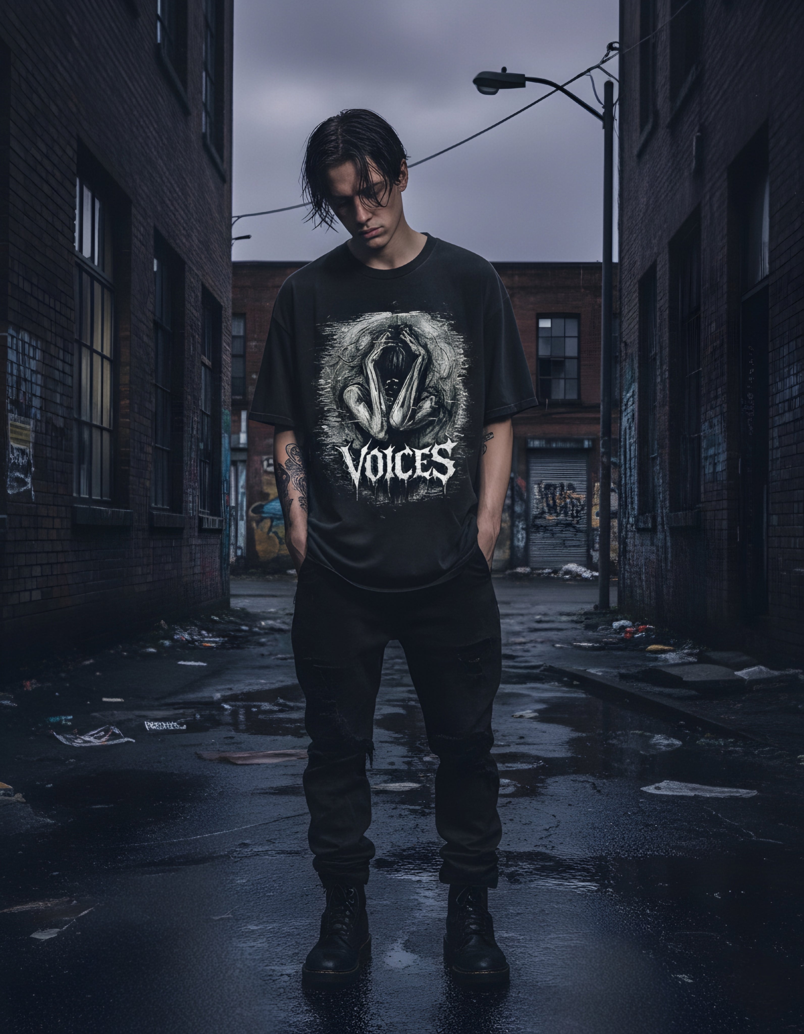Model in a dark urban alley wearing Sufferwear "Voices" oversized black graphic t-shirt and distressed black jeans.