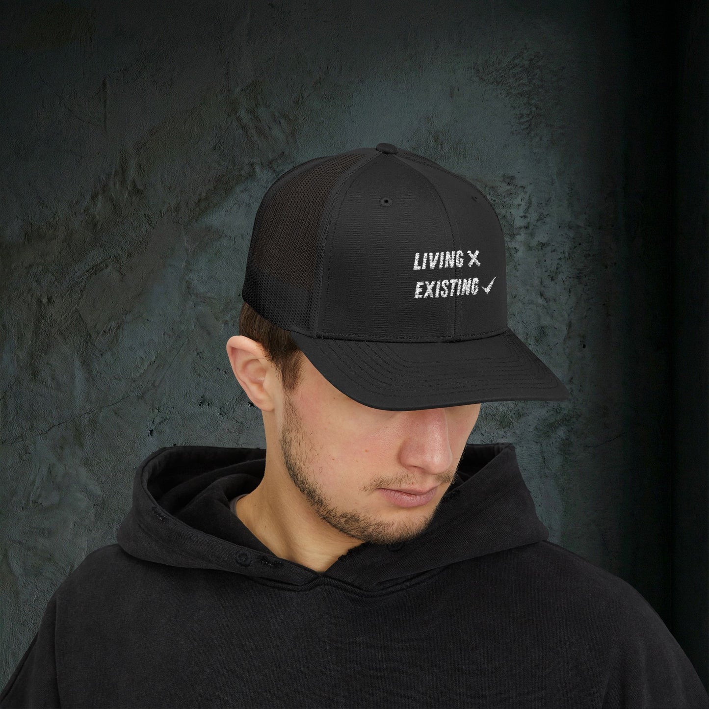 Living vs Existing - Premium Doomer Trucker Hat (Snapback)