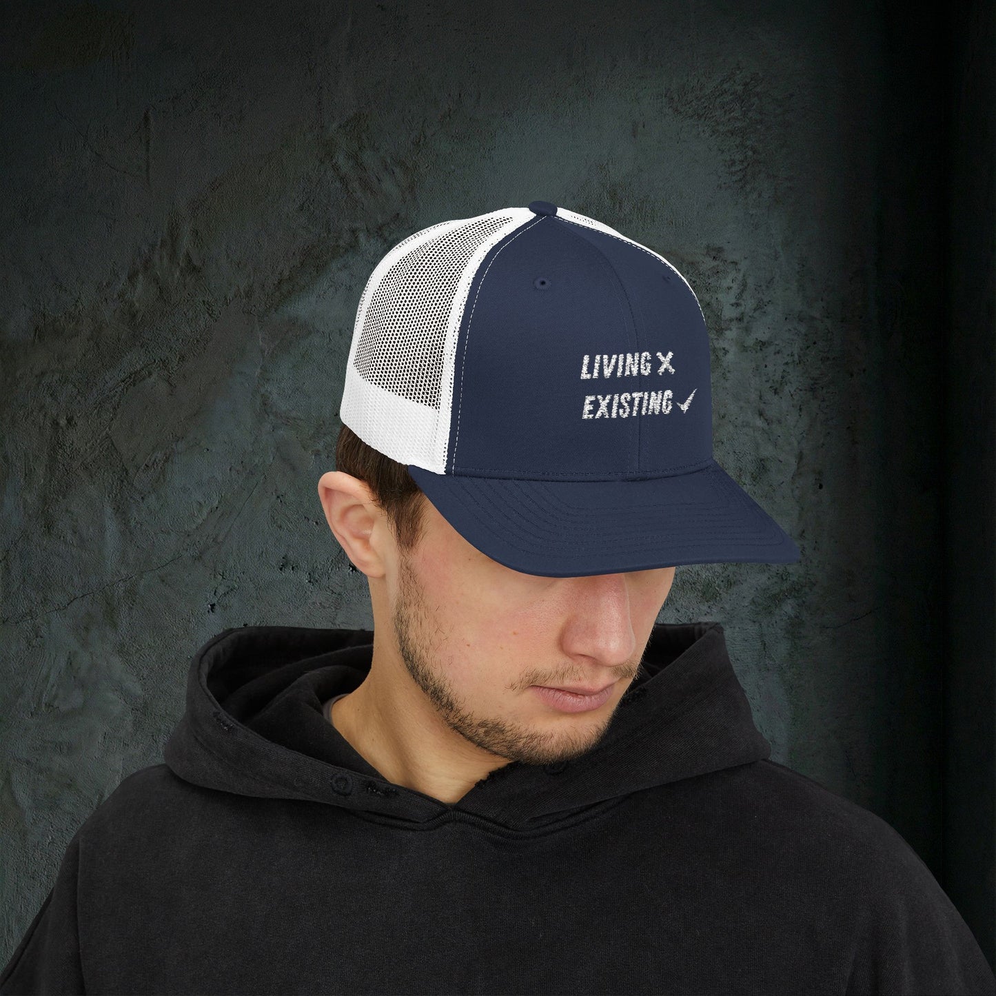 Living vs Existing - Premium Doomer Trucker Hat (Snapback)