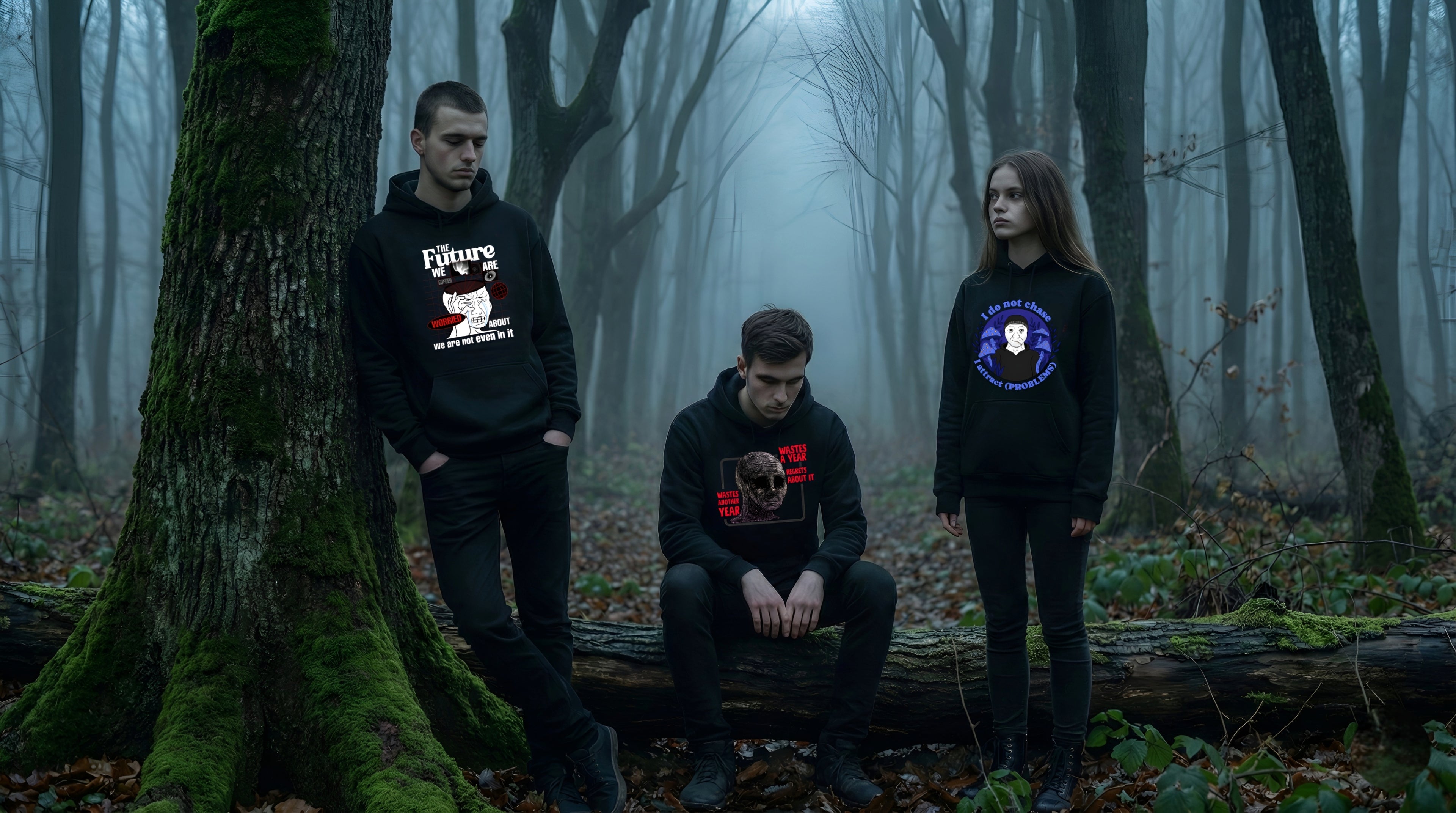 Three models standing in a moody, dark forest wearing black Suffer Wear graphic hoodies featuring 'Staying Alive,' 'I Wish I Was A Dinosaur,' and 'Wastes A Year' Wojak meme designs. Shop doomer and nihilist streetwear at www.sufferwear.store
